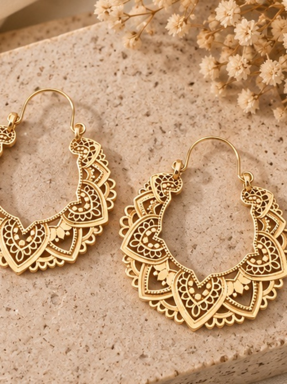 Gold Filigree Statement Hoop Earrings Boho Mandala